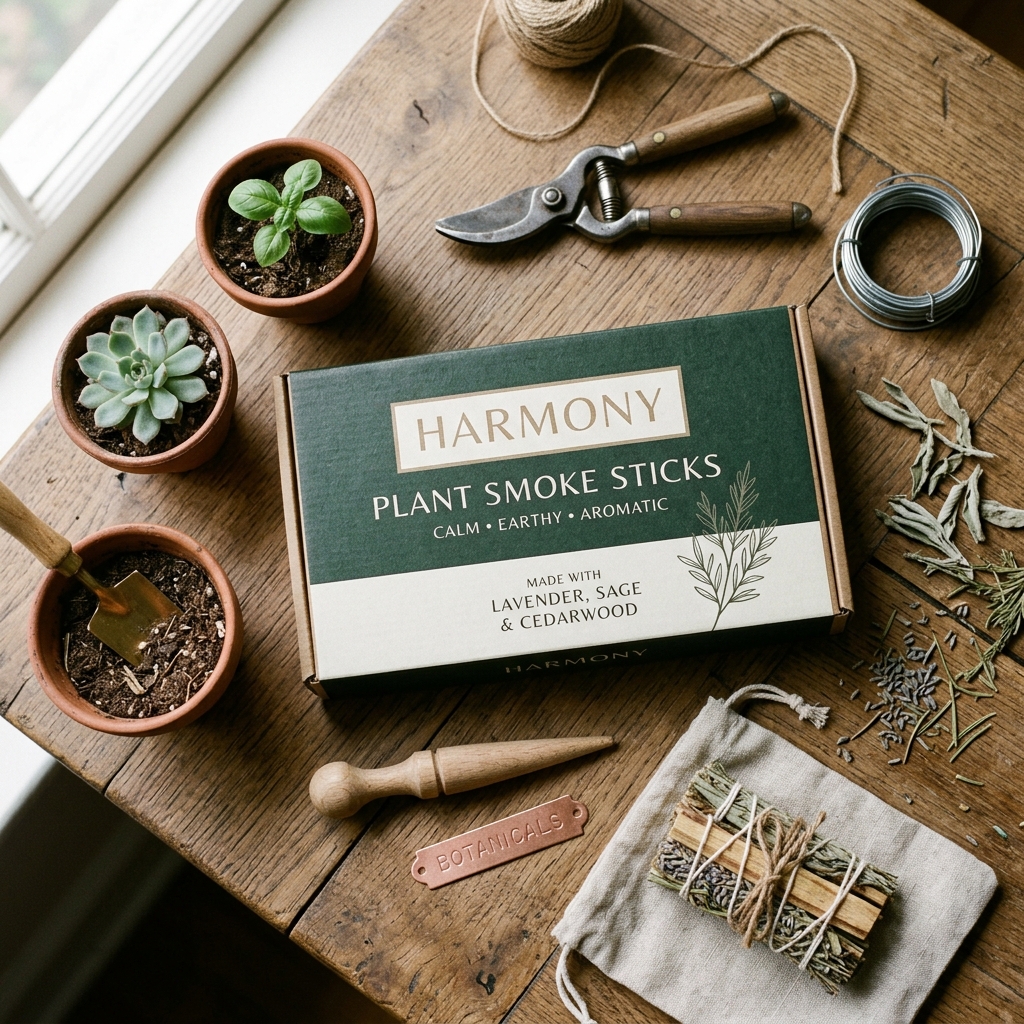 Caja de VerdeHumo Sticks sobre mesa con herramientas de jardín