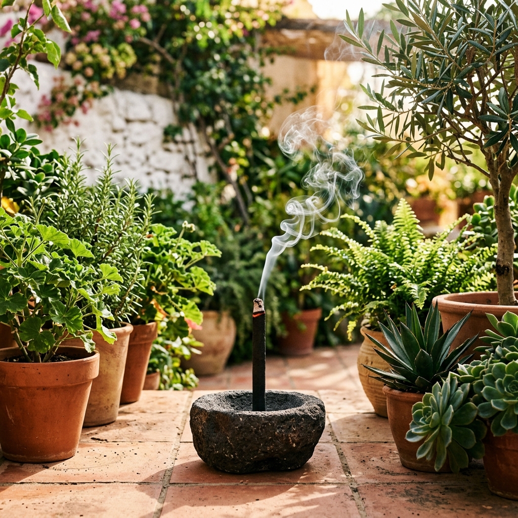 Uso de VerdeHumo Sticks en un patio con plantas iluminadas